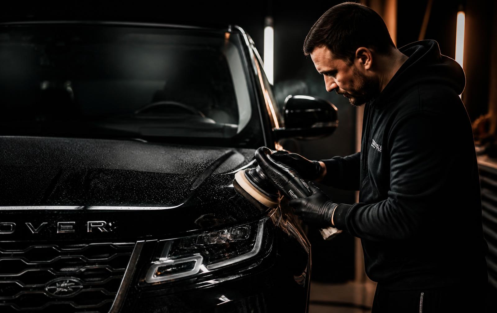 Detailer polishing the paint of a luxury vehicle